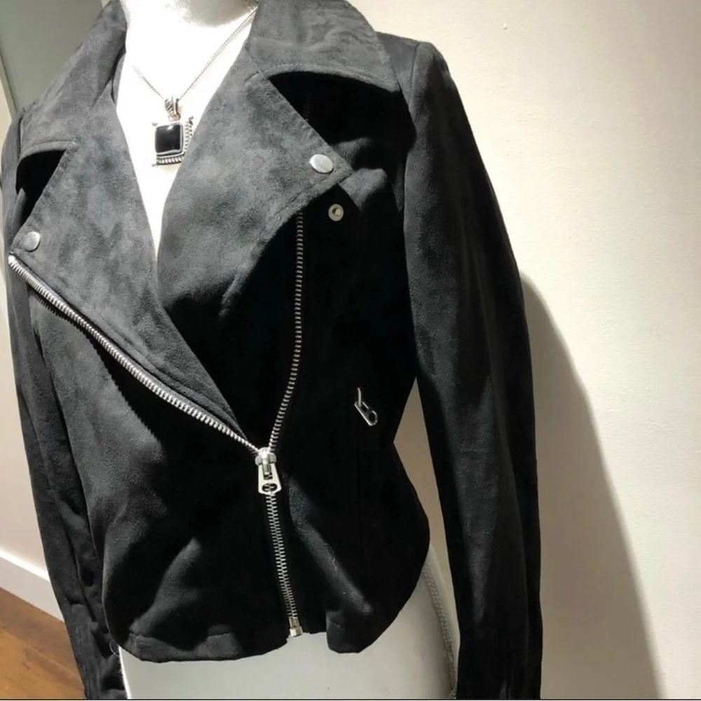 Moto Biker Faux Suede Zip Up Jacket Black Size Medium
